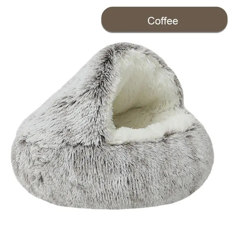 NNEDSZ Cozy Coffee Plush Hooded Pet Bed - Ultra Soft Long Fur Cave Bed for Small Pets 40cm NNEDSZ