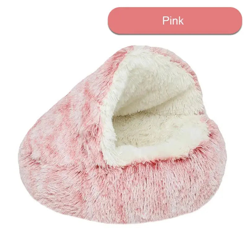 NNEDSZ Cozy Pink Plush Hooded Pet Bed - Ultra Soft Long Fur Cave Bed for Small Pets 50cm NNEDSZ