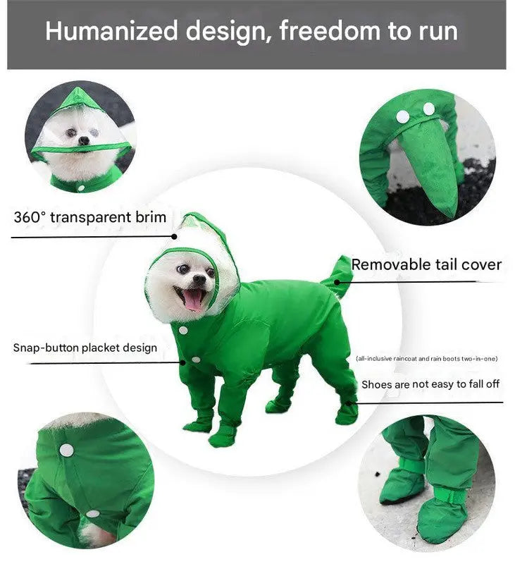 NNEDSZ M Green Waterproof Full-Cover Pet Raincoat with Hood and Booties NNEDSZ