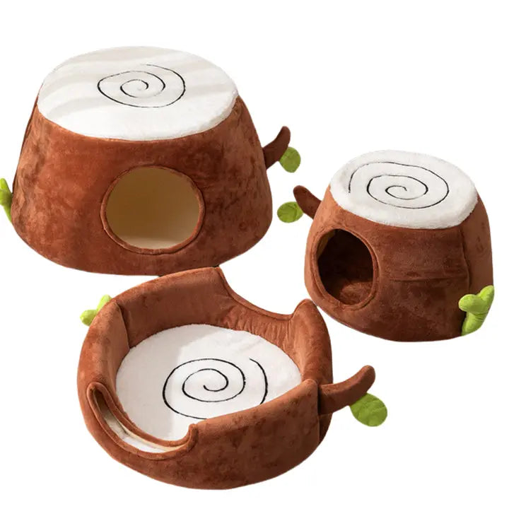 NNEDSZ S Convertible Tree Stump Cat Bed - Foldable, Dual-Use, Four-Season Pet Nest with Double Doors NNEDSZ