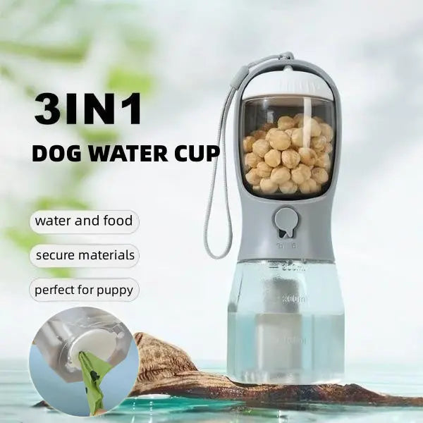 NNEDSZ Sky Blue 3-in-1 Portable Pet Water Bottle with Food Storage and Waste Bag Dispenser - 300mL Capacity NNEDSZ