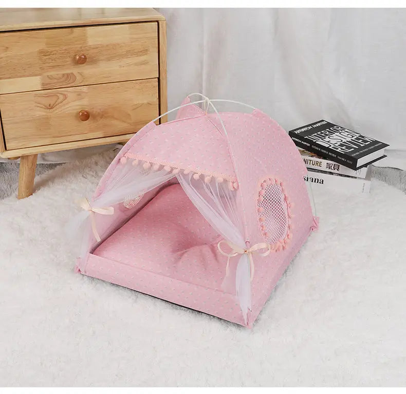 NNEDSZ Pink Floral Portable Folding Pet Tent - Summer Cat & Dog Shelter with Mesh Window, Lightweight and Breathable, Ideal for Travel & Home Use 35x35x30CM NNEDSZ